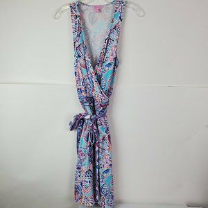Lilly Pulitzer Womens Wrap Sleeveless Blue Red Dress Large Cotton